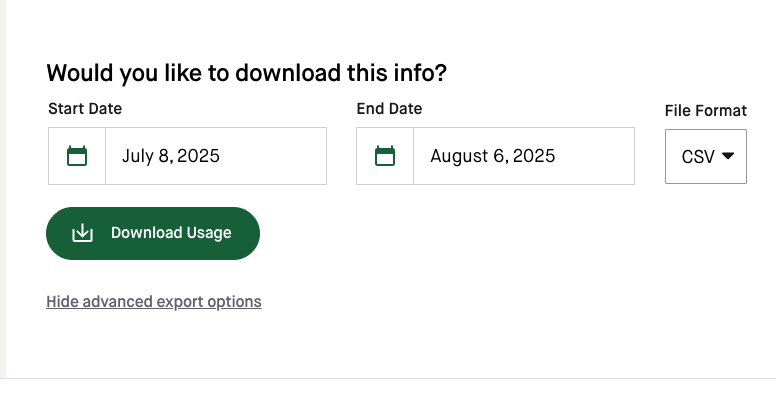 Screenshot of options for how to download your usage data in the Usage dashboard